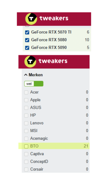 De GPU filters aangeklikt op Tweakers.net met alleen 21 BTO producten als resultaat